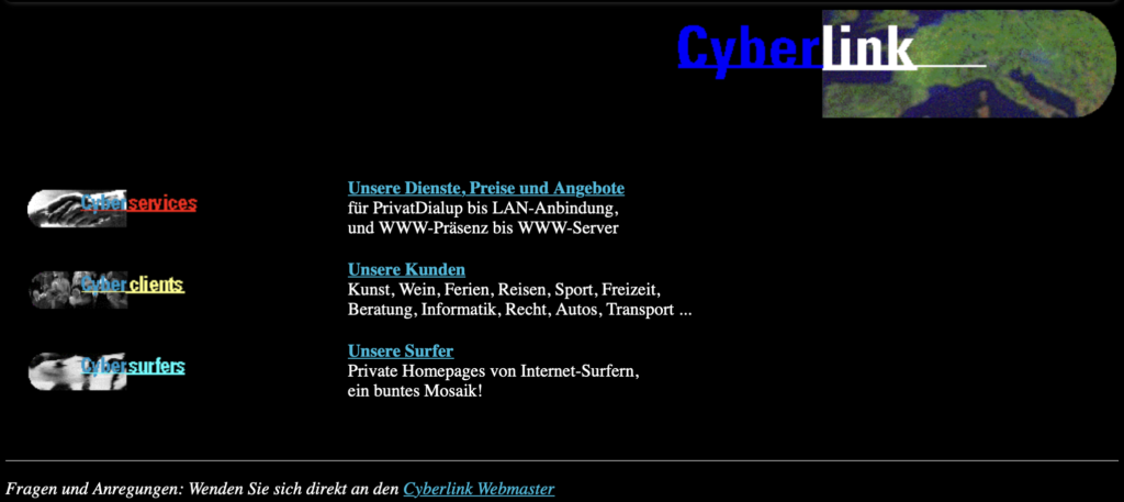 Webseite eines der ersten Provider von 1996